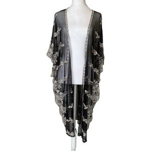 Time & Tru Women Black Ivory Scalloped Embroidered Lace Kimono Cardigan Size 2X